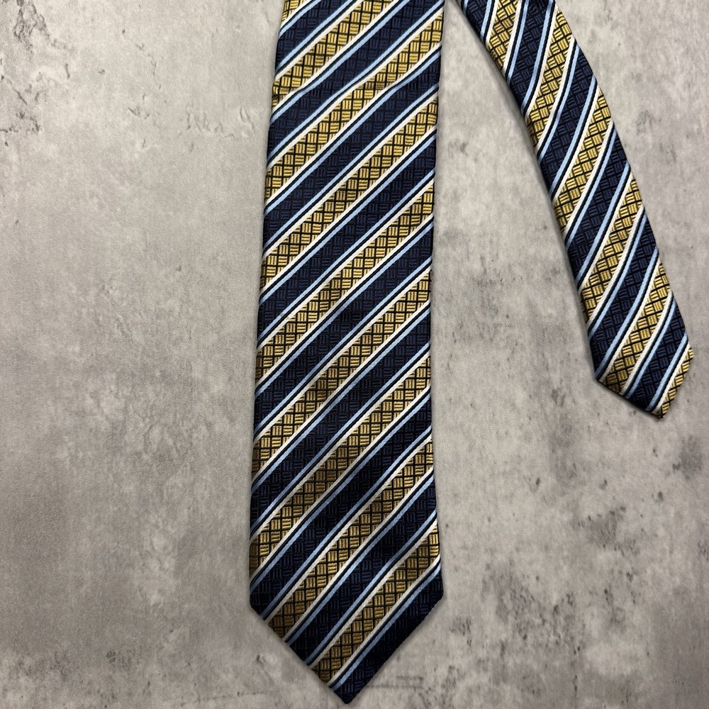 Ermenegildo Zegna Tie 100% Silk Golf Navy Gold White Stripe Italy 60 Inches